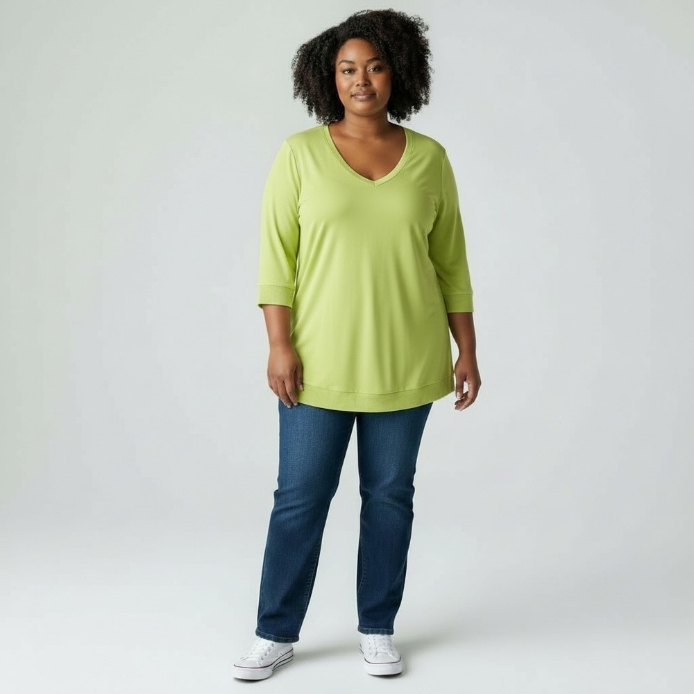 Sympli Womens Top Tunic Lime Green V-Neck Tunic 3/4 Sleeves Sz. 12